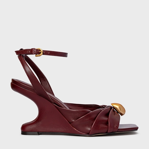 Sandália Gold Ball Anabela Couro Vinho Mahogany