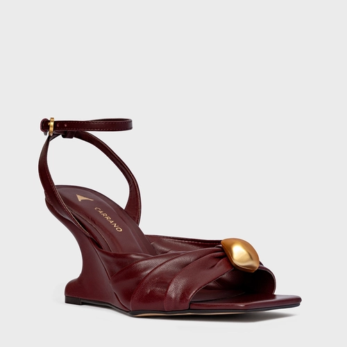 Sandália Gold Ball Anabela Couro Vinho Mahogany