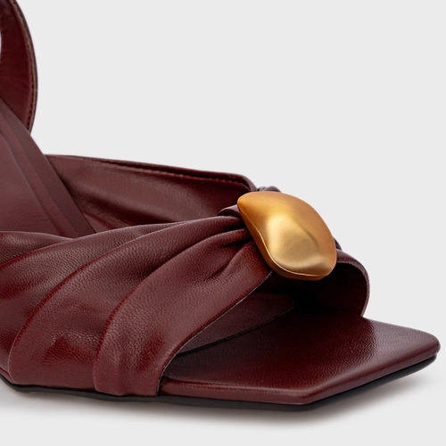 Sandália Gold Ball Anabela Couro Vinho Mahogany