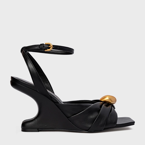 Sandália Gold Ball Anabela Couro Preto