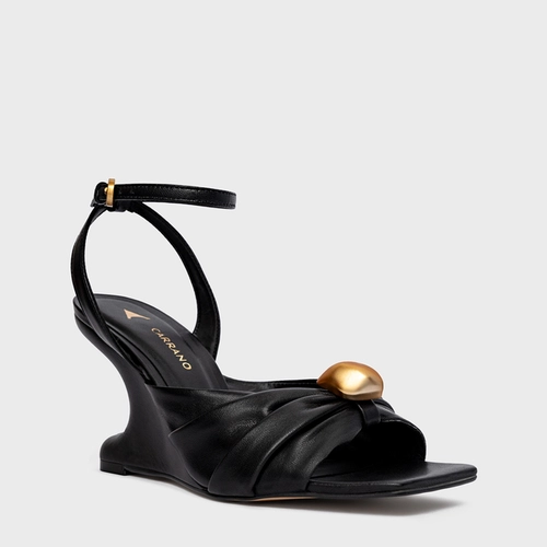 Sandália Gold Ball Anabela Couro Preto