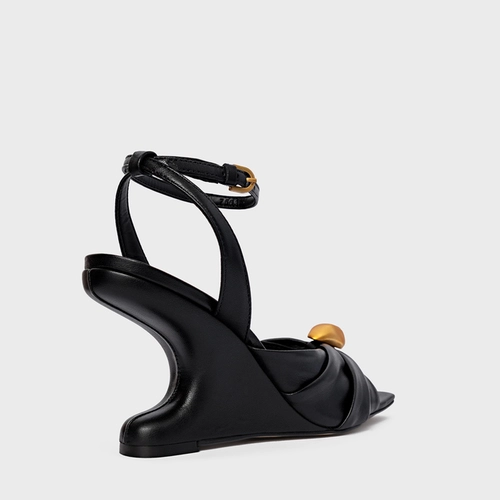 Sandália Gold Ball Anabela Couro Preto