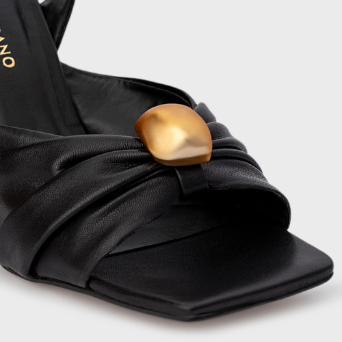 Sandália Gold Ball Anabela Couro Preto