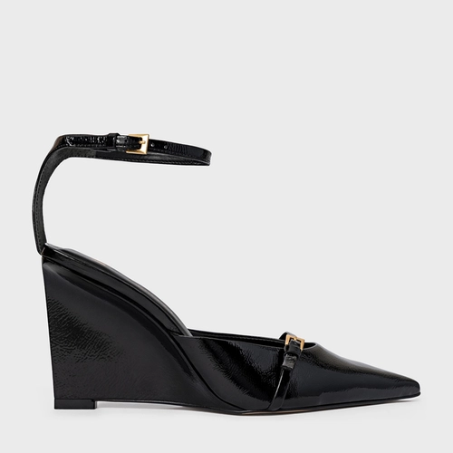 Scarpin Slingback Fivelas Anabela Couro Verniz Preto