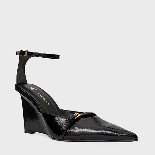 Scarpin Slingback Fivelas Anabela Couro Verniz Preto
