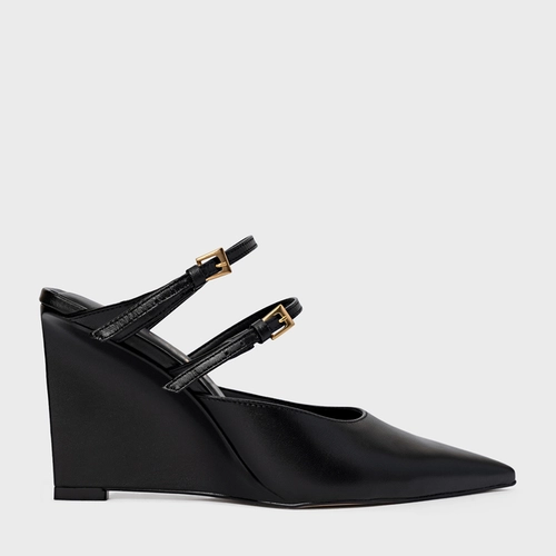 Mule Fivelas Anabela Couro Preto