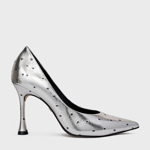 Scarpin Francesca Salto Fino Couro Metalizado Prata