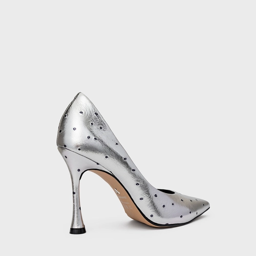 Scarpin Francesca Salto Fino Couro Metalizado Prata