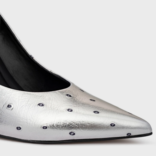 Scarpin Francesca Salto Fino Couro Metalizado Prata