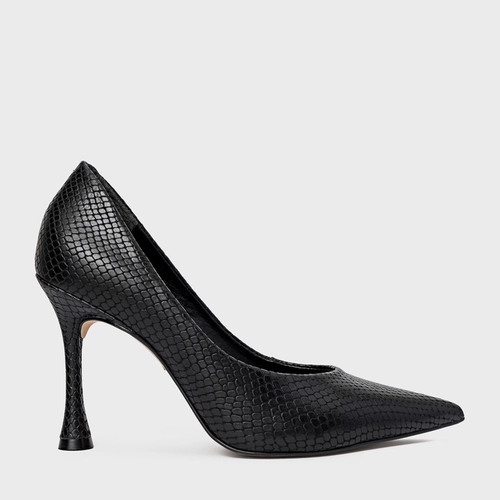 Scarpin Francesca Salto Fino Couro Snake Preto