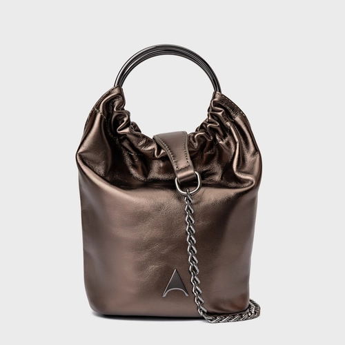 Bolsa Bucket Lizzie Pequena Couro Metalizado Prata Old