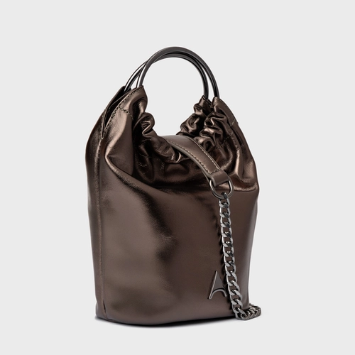 Bolsa Bucket Lizzie Pequena Couro Metalizado Prata Old