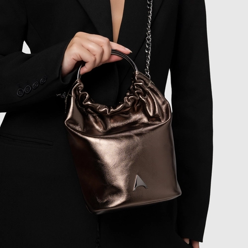 Bolsa Bucket Lizzie Pequena Couro Metalizado Prata Old