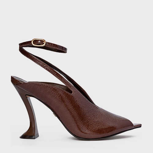 Sandália Salto Silhoutte Couro Verniz Marrom Brownie