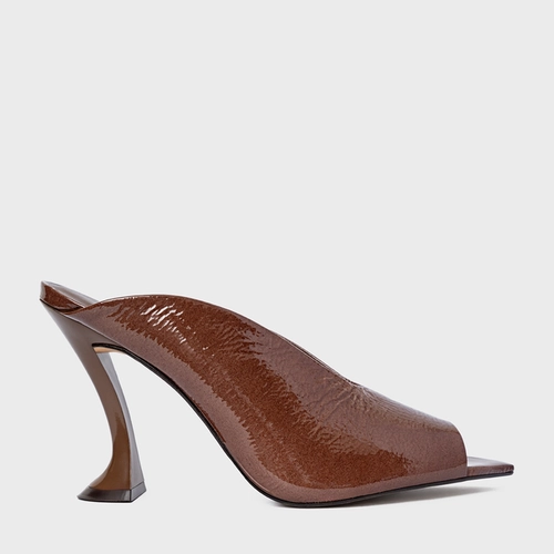 Open Mule Salto Silhoutte Couro Verniz Marrom Brownie