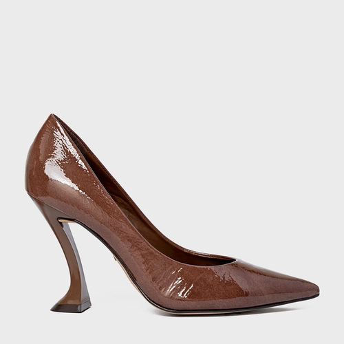 Scarpin Angeline Salto Silhoutte Couro Verniz Marrom Brownie