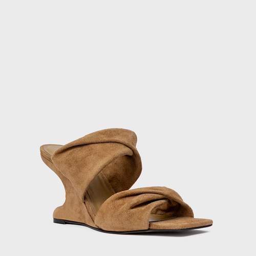 Open Mule Twist Anabela Curve Couro Suede Bege Almond