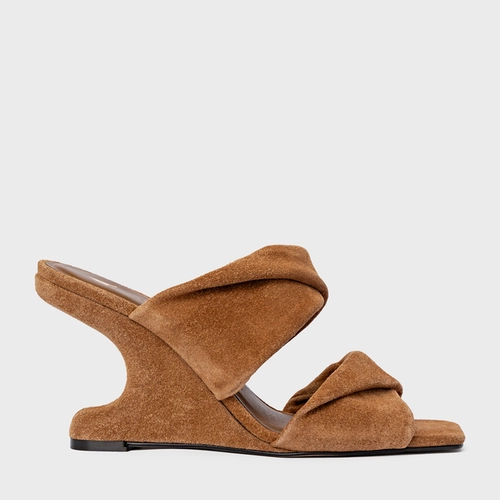 Open Mule Twist Anabela Curve Couro Suede Marrom Saddle