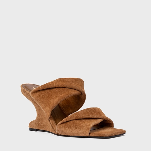 Open Mule Twist Anabela Curve Couro Suede Marrom Saddle
