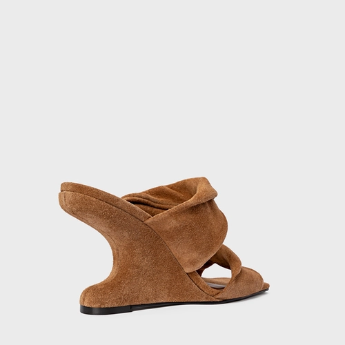 Open Mule Twist Anabela Curve Couro Suede Marrom Saddle
