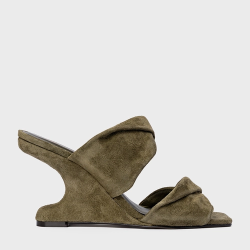 Open Mule Twist Anabela Curve Couro Suede Verde Army Green