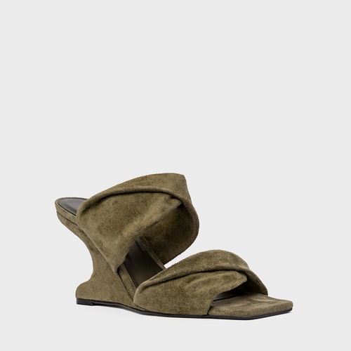 Open Mule Twist Anabela Curve Couro Suede Verde Army Green