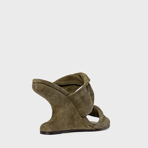 Open Mule Twist Anabela Curve Couro Suede Verde Army Green