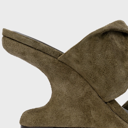 Open Mule Twist Anabela Curve Couro Suede Verde Army Green