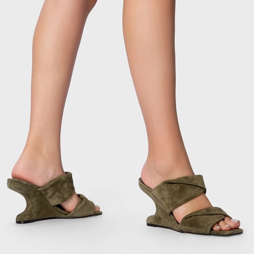 Open Mule Twist Anabela Curve Couro Suede Verde Army Green