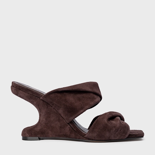 Open Mule Twist Anabela Curve Couro Suede Marrom Ganache