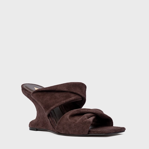 Open Mule Twist Anabela Curve Couro Suede Marrom Ganache