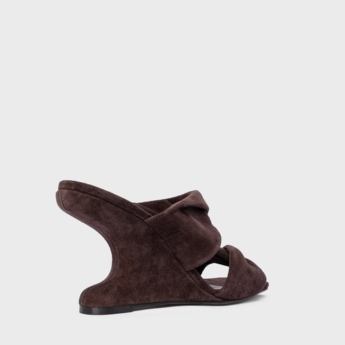 Open Mule Twist Anabela Curve Couro Suede Marrom Ganache