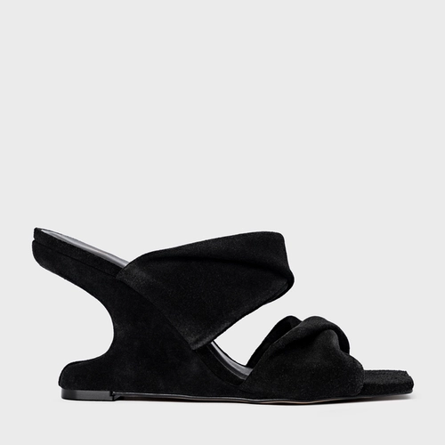 Open Mule Twist Anabela Curve Couro Suede Preto