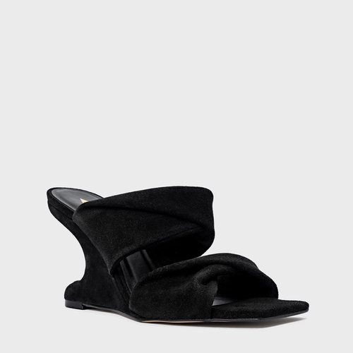 Open Mule Twist Anabela Curve Couro Suede Preto