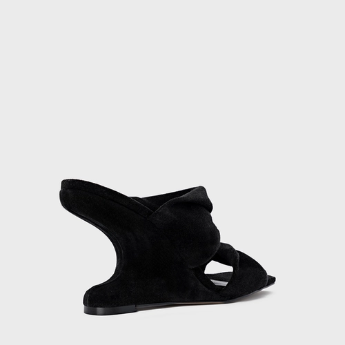 Open Mule Twist Anabela Curve Couro Suede Preto