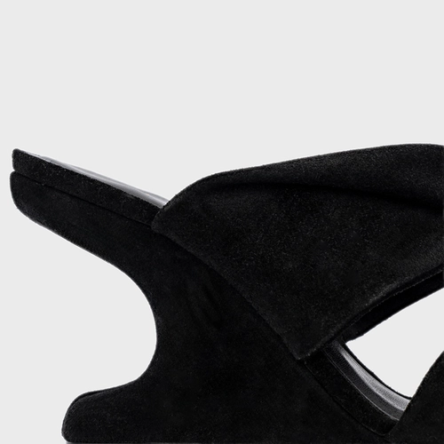 Open Mule Twist Anabela Curve Couro Suede Preto