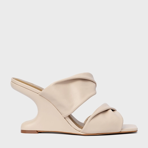 Open Mule Twist Anabela Curve Couro Off White Cotton