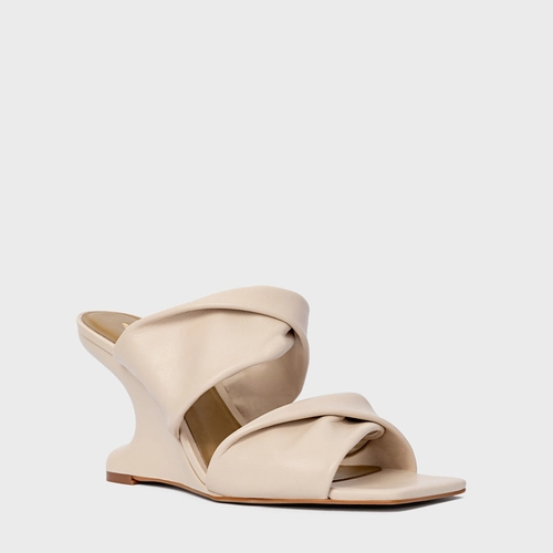 Open Mule Twist Anabela Curve Couro Off White Cotton