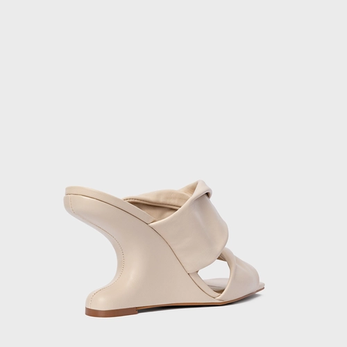 Open Mule Twist Anabela Curve Couro Off White Cotton