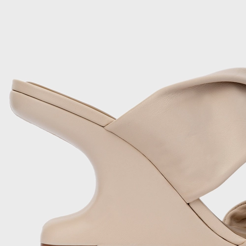 Open Mule Twist Anabela Curve Couro Off White Cotton