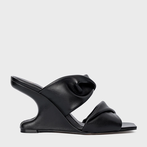 Open Mule Twist Anabela Curve Couro Preto