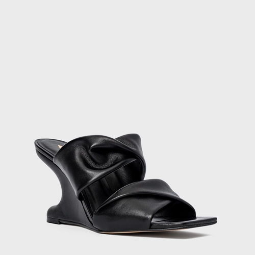 Open Mule Twist Anabela Curve Couro Preto