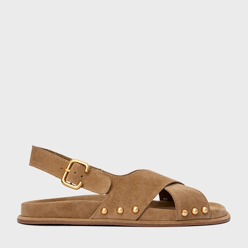 Sandália Papete Statement Studs Couro Suede Bege Almond