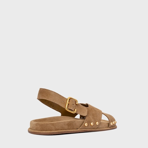 Sandália Papete Statement Studs Couro Suede Bege Almond