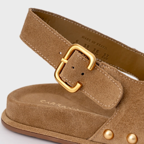 Sandália Papete Statement Studs Couro Suede Bege Almond