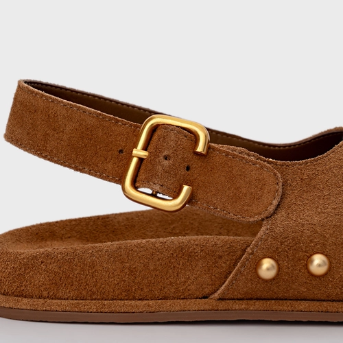 Sandália Papete Statement Studs Couro Suede Marrom Saddle