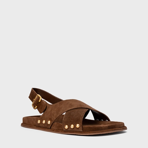 Sandália Papete Statement Studs Couro Suede Marrom Brownie