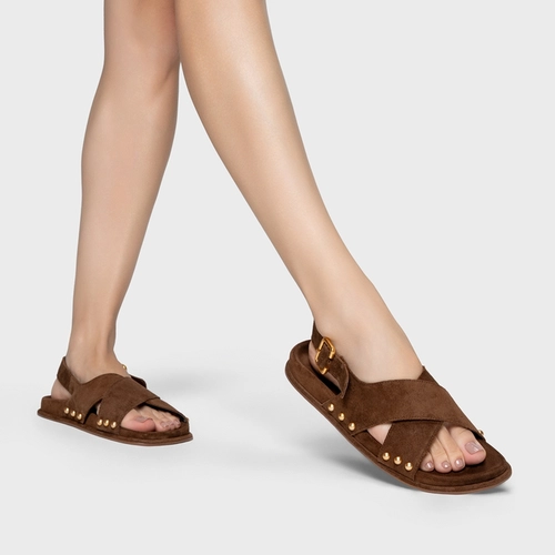 Sandália Papete Statement Studs Couro Suede Marrom Brownie