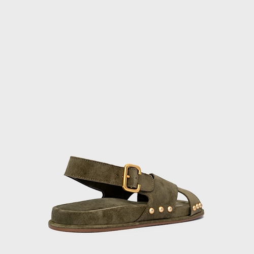Sandália Papete Statement Studs Couro Suede Verde Army Green