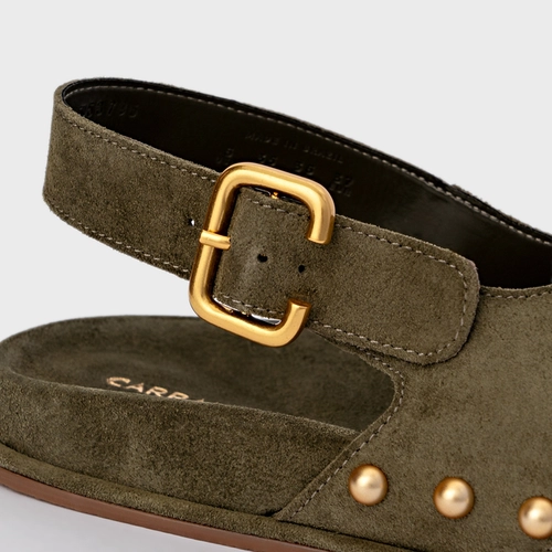 Sandália Papete Statement Studs Couro Suede Verde Army Green